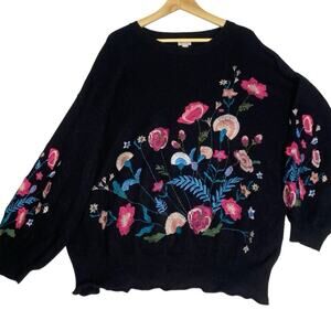 Pixley Black Embroidered Floral Sweater Womens Lg Viscose Cozy Soft Cottage Boho